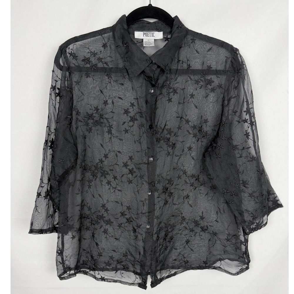 Poetic 100% Silk Sheer Black Floral Embroidered Blouse XL Romantic Goth 90s